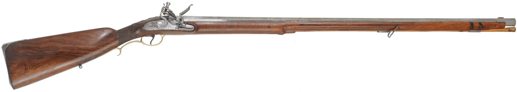 Antique European Fowling Gun,.59 caliber smoothbore, 33-3/4" swamped octagon barrel, reconverted flintlock, checkered walnut, bras & iron trim