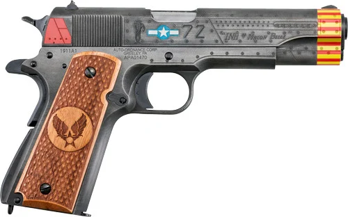 Auto-Ordnance 1911 Red Tails Full Size Frame 45 ACP 7rd 5" Stainless Steel Barrel, Savage Cerakote Serrated Slide, Savage Cerakote Steel Frame Beavertail, Custom Engraved Wood Grip