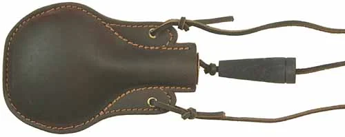 Ball flask, hard leather with wooden stopper, for bird shot or balls up to .77 caliber (10 gauge), made in the U.S.A.