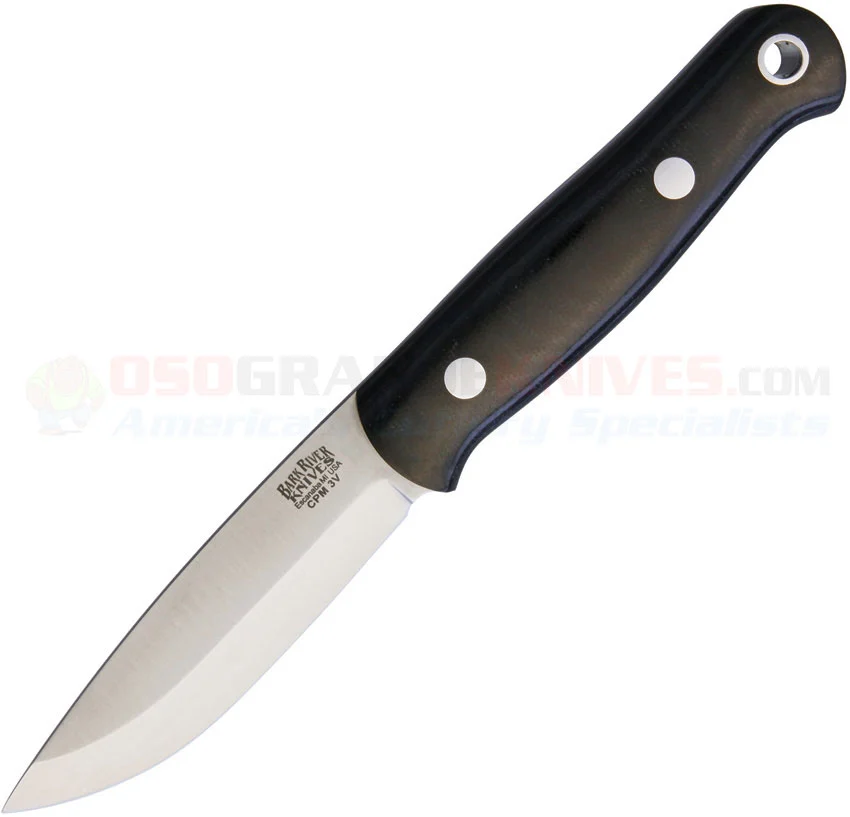 Bark River Knives Bushcrafter Fixed (4.00 Inch CPM-3V Satin Plain Blade) Black Canvas Micarta Handle + Leather Sheath BA06123MBC