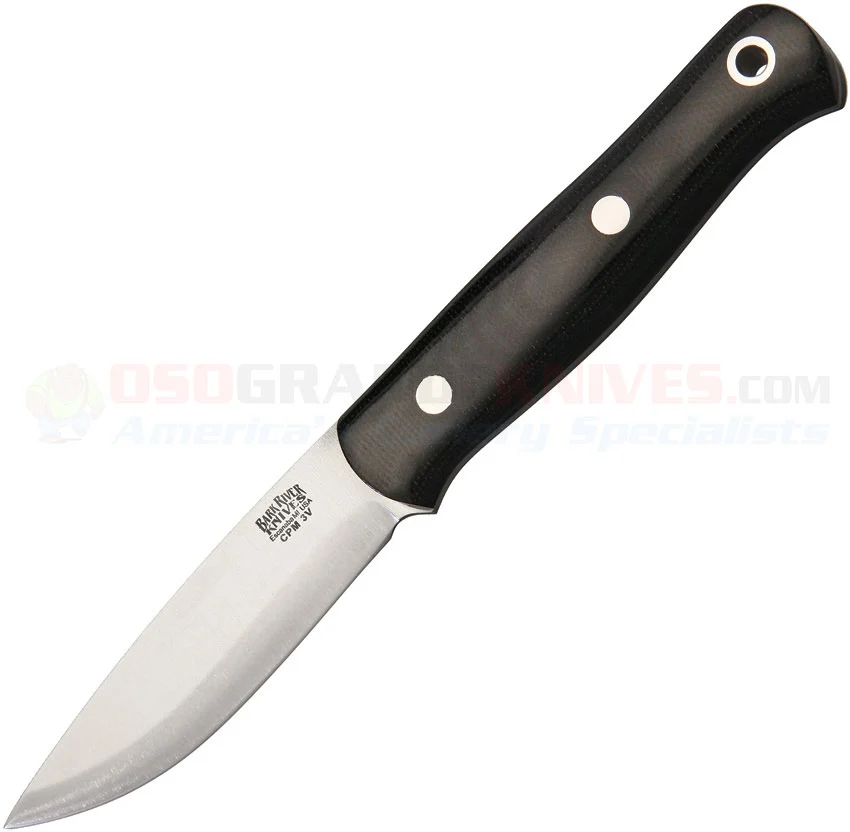 Bark River Knives Ultra-Lite Bushcrafter Fixed (3.38 Inch CPM-3V Satin Plain Blade) Black Canvas Micarta Handle | Leather Sheath BA023MBC