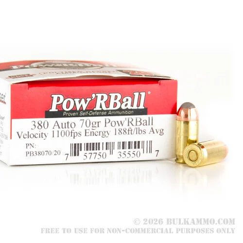 20 Rounds of .380 ACP Ammo by Corbon- 70gr PowR Ball