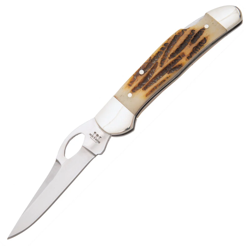 Bear and Son 5149L One-hand Opening Cowhand Genuine India Stag Bone Lockback Knife with Pocket Clip