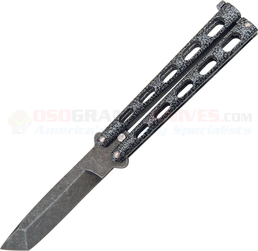 Bear & Son Damascus Butterfly Tanto Knife (4.125 Inch Plain Blade) Silver Vein Textured Zinc Handle BC114AD