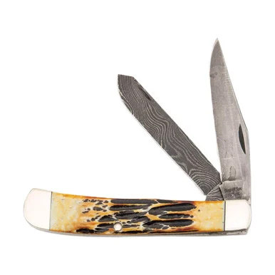 Bear & Son Damascus Trapper Folding Knife Genuine India Stag Bone BR554D