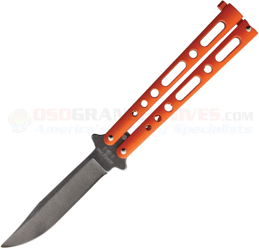 Bear & Son Small Butterfly Knife (3.3 Inch 440HC Clip Point Black Stonewash Plain Blade) Orange Powdercoated Zinc Handle BC117ORSW