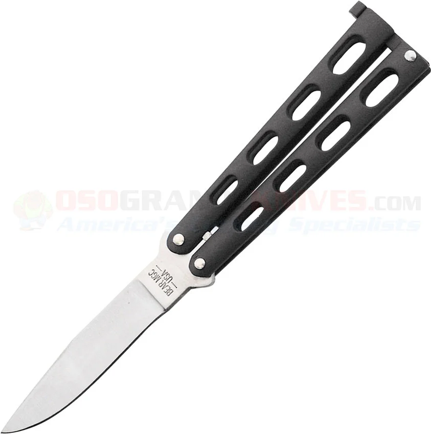 Bear & Son Small Butterfly Knife (3.3" Inch 440HC Clip Point Satin Plain Blade) Black Textured Zinc Handle BC113B