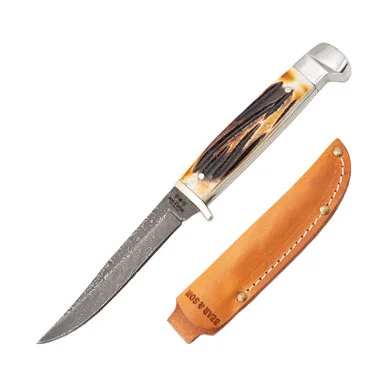 Bear & Son Small Hunter Stag 3 Inch Plain Damascus Clip Point BR563D