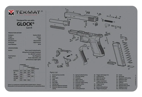 BECK TEK, LLC (TEKMAT) R17GLOCKG4GY Glock Gen4 Cleaning Mat Glock Gen4 Breakdown 17" x 11" Gray