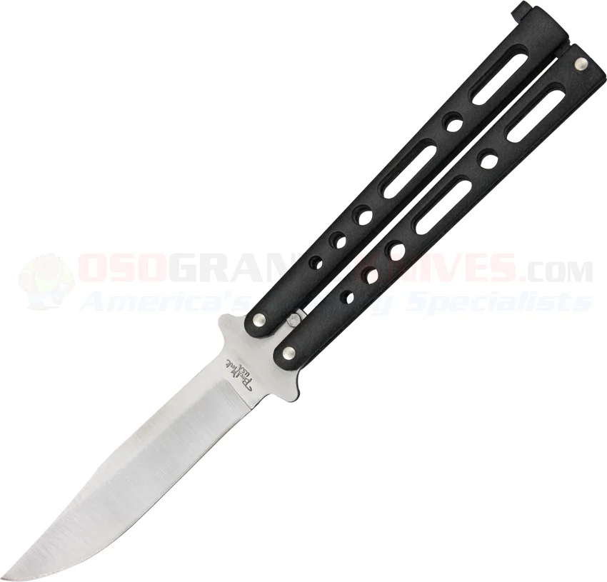 BenchMark Large Black Balisong Butterfly Knife (4.125 Inch Clip Point Satin Plain Blade) Black Stainless Steel Handle BM004