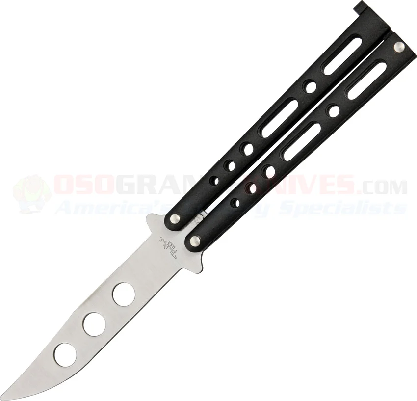 BenchMark Large Black Balisong Butterfly Training Knife (4.125 Inch Dull Bluntnose Practice Blade) Black Stainless Steel Handle BM006
