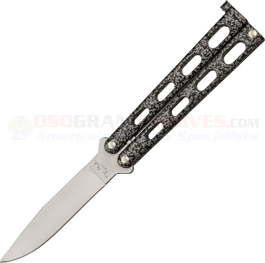 BenchMark Small Balisong Butterfly Knife (3.38 Inch Clip Point Satin Plain Blade) Silver/Black Speckled Stainless Steel Handle BM008