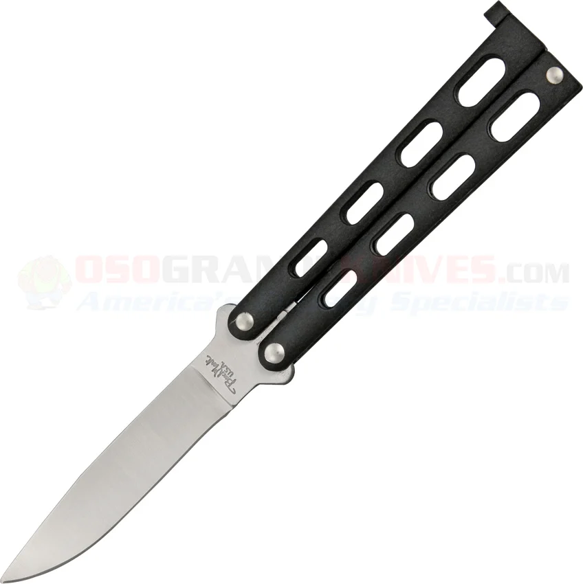 BenchMark Small Black Balisong Butterfly Knife (3.38 Inch Clip Point Satin Plain Blade) Black Stainless Steel Handle BM007