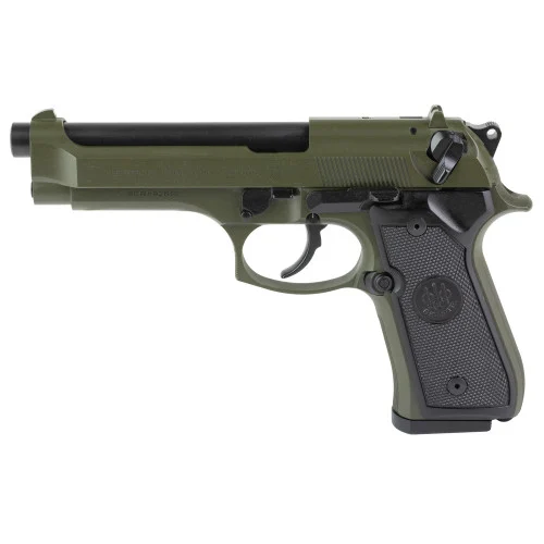 Beretta 92FS 9mm, 15rd,5.10" Black, Olive Drab Green Cerakote Serrated Slide, Olive Drab Green Cerakote Aluminum Frame Beavertail, Black Textured Grip