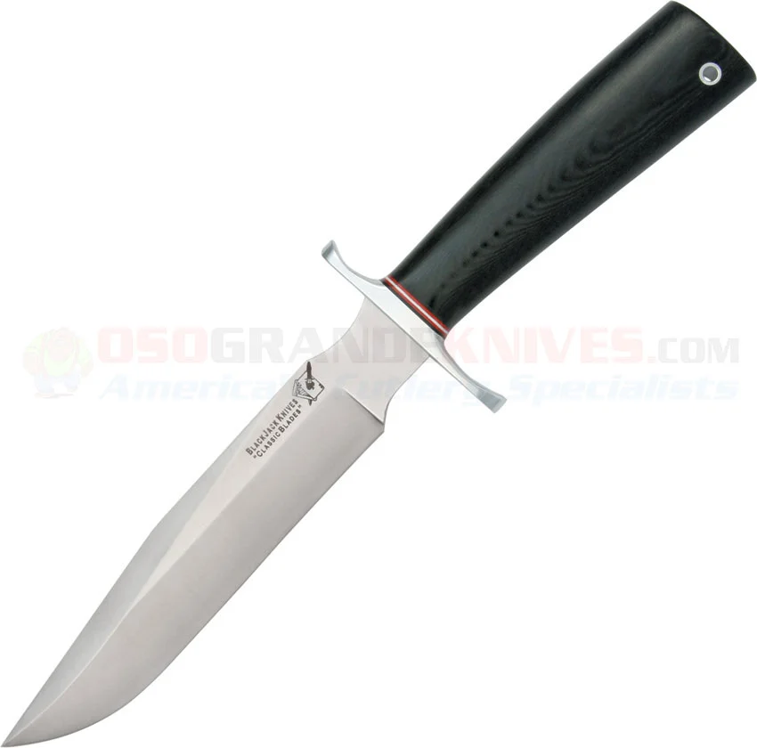 Blackjack Knives 7BS Classic Model 7 Bowie Knife Fixed (7.0 InchA-2 Tool Steel Satin Plain Blade) Black Micarta Saber Handle + Brown Leather Sheath BCB7BS