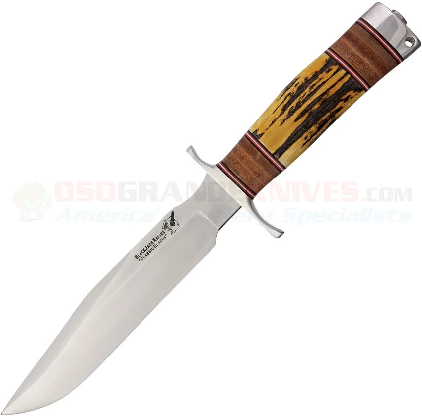 Blackjack Knives Classic Model 7 Bowie Knife Fixed (7.0 InchA-2 Tool Steel Satin Plain Blade) Stag Handle + Brown Leather Sheath BCB7LSL