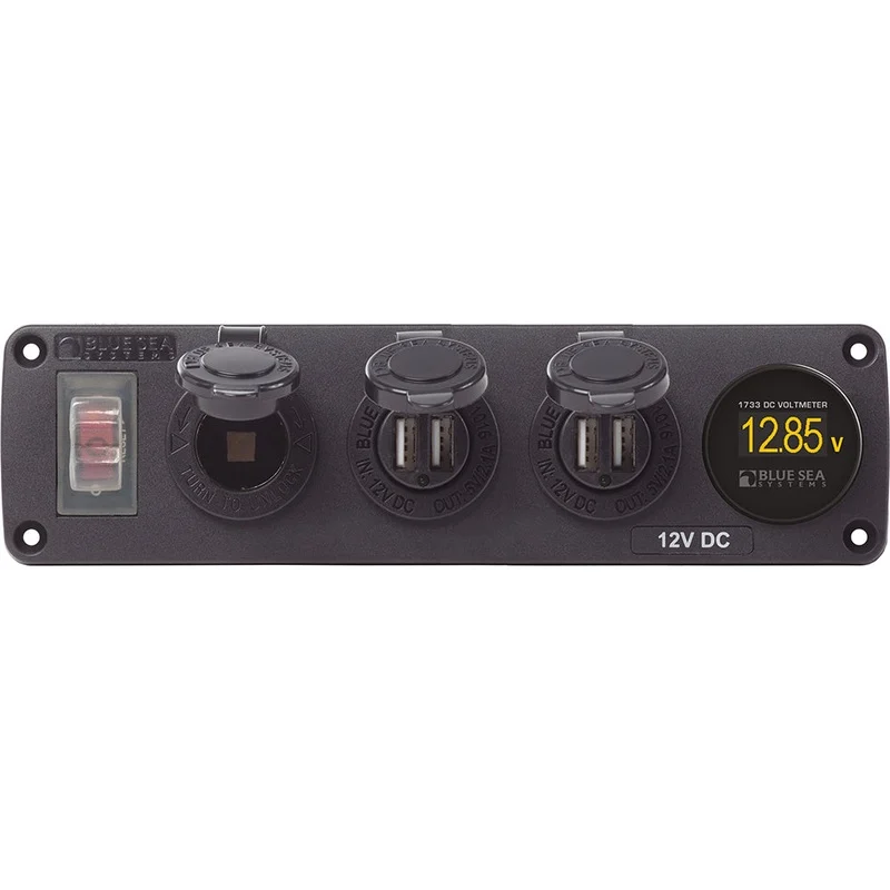Blue Sea 4368 Water Resistant USB Accessory Panel – 12V Socket, 2x 2.1A Dual USB Chargers, Mini Voltmeter [4368]