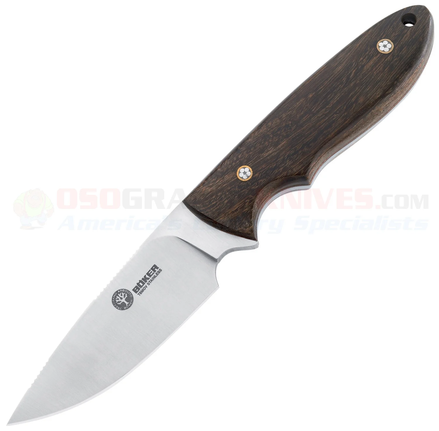 Boker Arbolito Pine Creek Wood Hunting Knife Fixed (3.63 Inch T6MoV Satin Plain Blade) Ebony Wood Handle + Leather Sheath 02BA701G