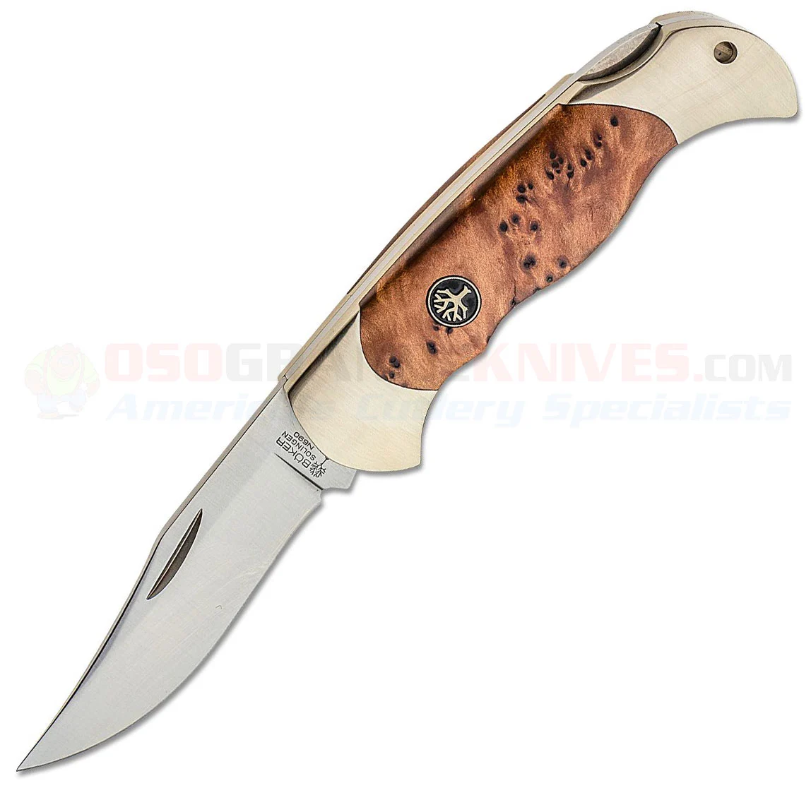 Boker Lock Blade Hunter Folding Knife (3.13 Inch N690 Satin Plain Blade) Thuya Wood Handle w/ Nickel Silver Bolsters + Leather Sheath 112002TH