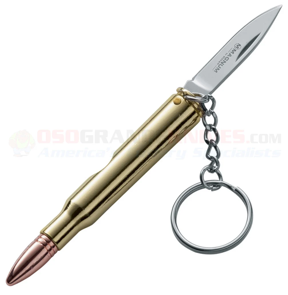 Boker Magnum 30-06 Bullet Keyring Knife (1.75 Inch 440 Satin Plain Blade) Brass Handle 01SC249