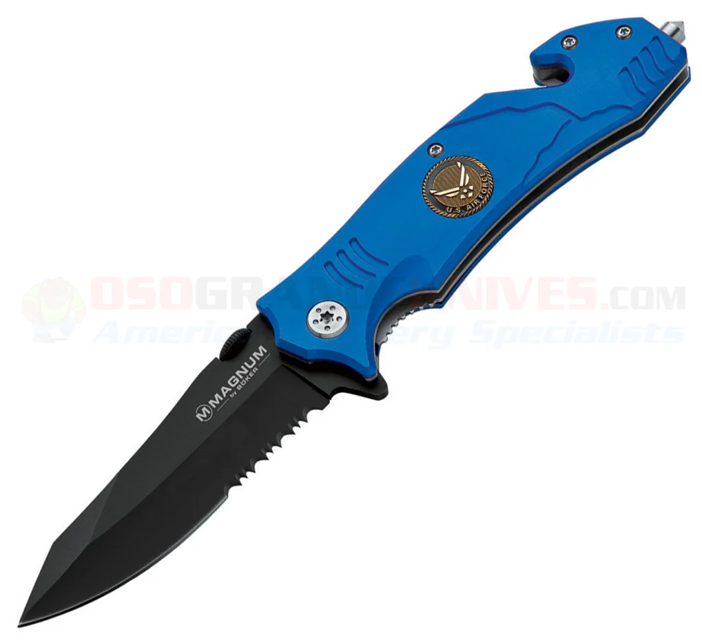 Boker Magnum Air Force Rescue Flipper LinerLock Folding Knife (3.40 Inch Black Combo Blade) Blue Aluminum Handle + Belt Cutter + Glass Breaker 01LL473