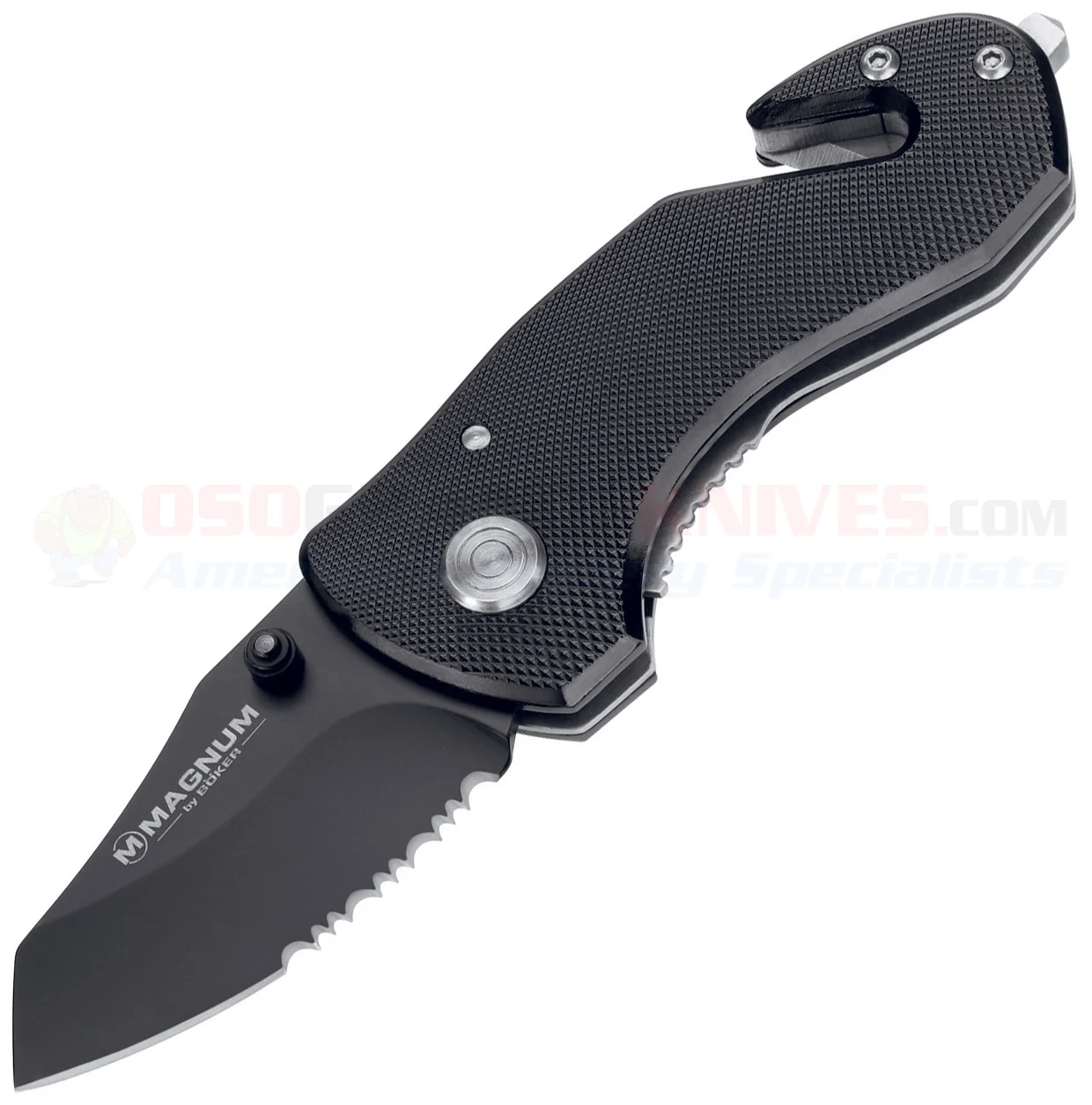 Boker Magnum Compact Rescue LinerLock Folding Knife (2.38 Inch 440 Black Combo Blade) Black Aluminum Handle + Belt Cutter + Glass Breaker 01MB456