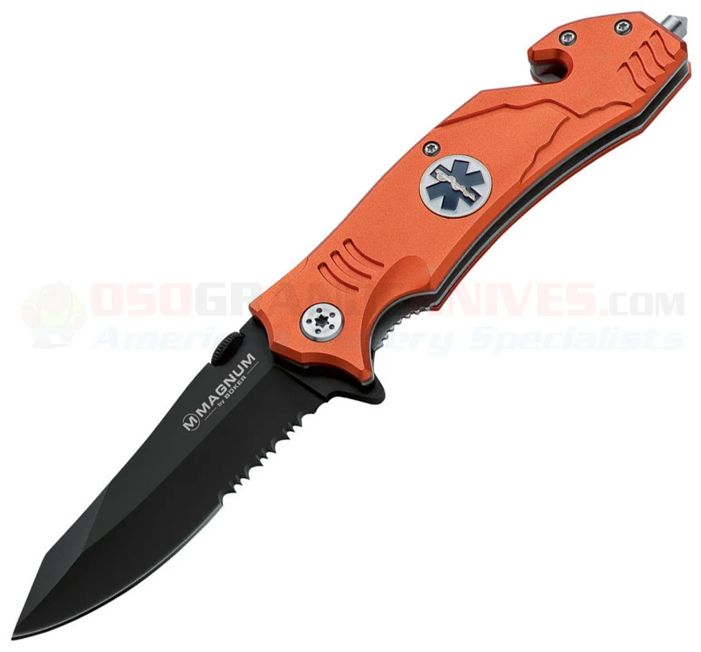 Boker Magnum EMS Rescue Flipper Linerlock Folding Knife (3.40 Inch Black Combo Blade) Orange Aluminum Handle + Belt Cutter + Glass Breaker 01LL472