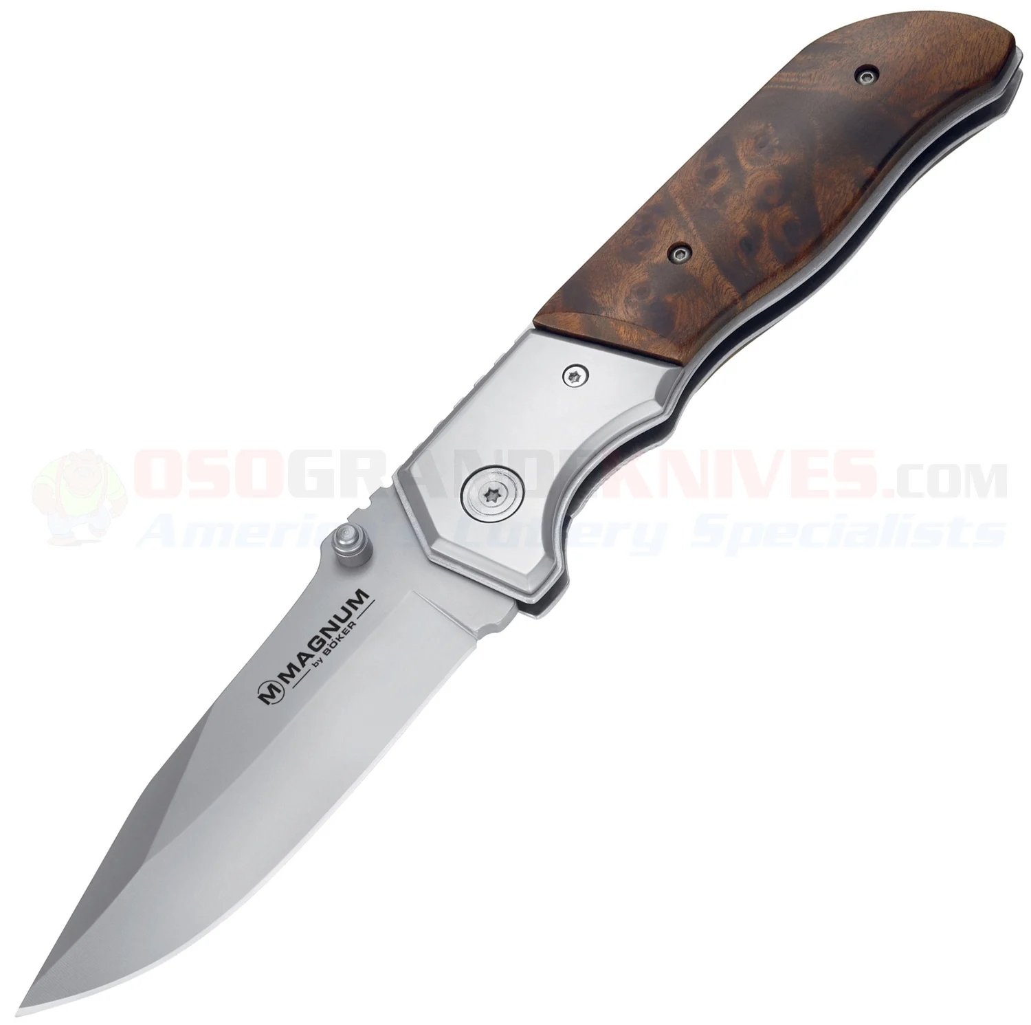 Boker Magnum Forest Ranger Linerlock Folding Knife (3.75 Inch Satin Plain Blade) Burl Wood Handle + Stainless Bolsters 01MB233