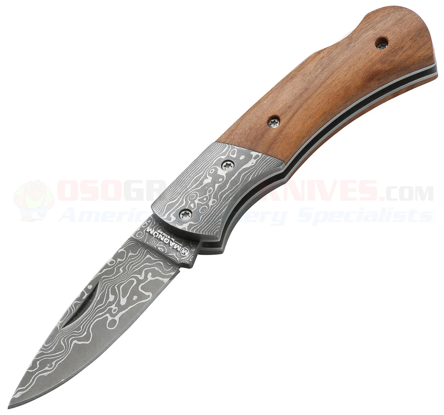 Boker Magnum Mistress Lockback Folding Knife (2.36 Inch Damascus Plain Blade) Olive Wood Handle 01MB171DAM