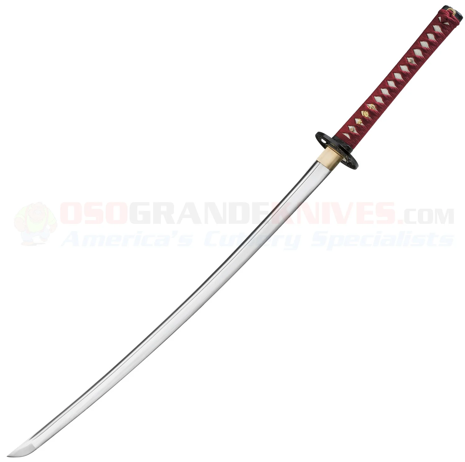 Boker Magnum Red Samurai Sword (28.0 Inch 1045 Carbon Steel Satin Plain Blade) Red Wrapped/Faux Rayskin Handle + Black Lacquered Wooden Scabbard 05ZS579