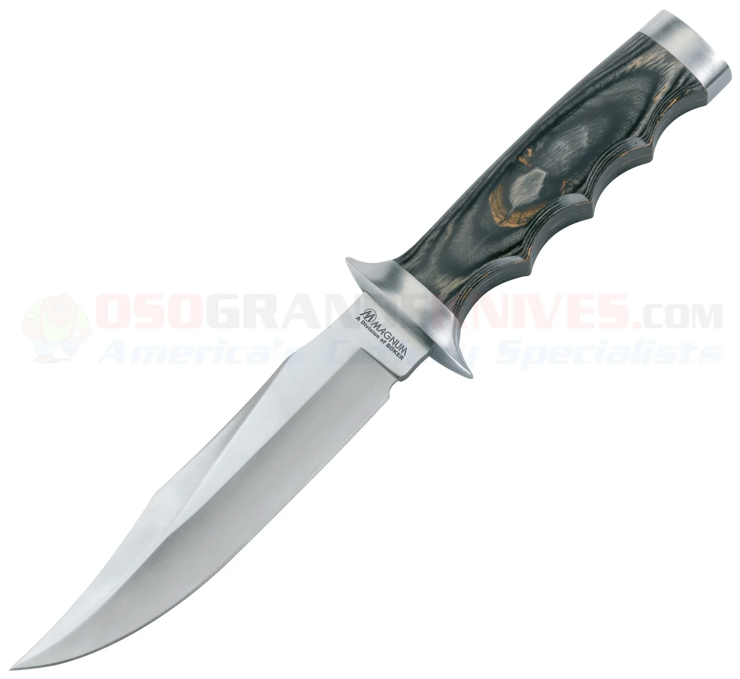 Boker Magnum Safari Mate Bowie Knife Fixed (6.0 Inch 440 Satin Plain Blade) Finger Grooved Laminated Wood Handle + Leather Sheath 02MB207