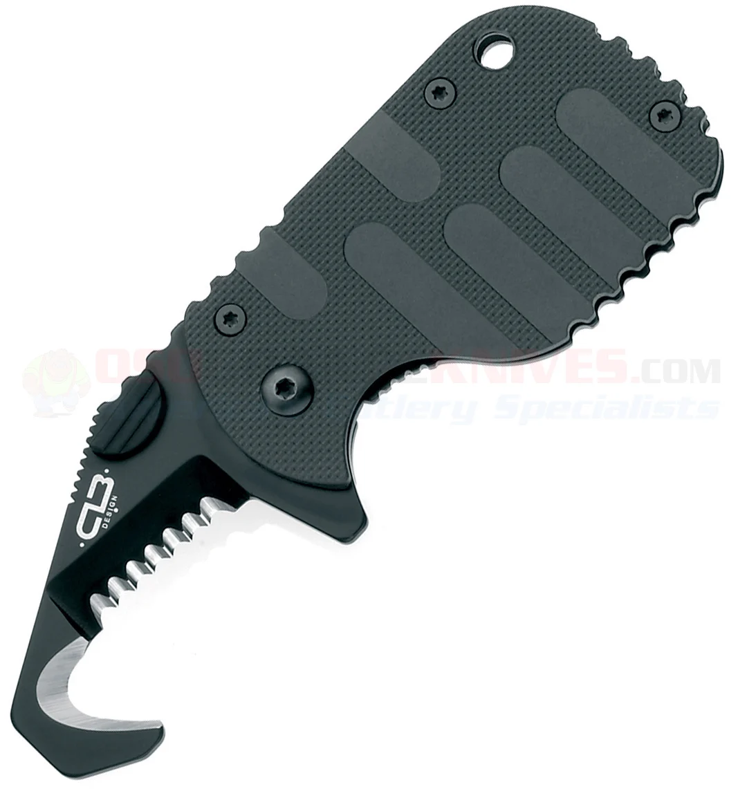 Boker Plus CLB Rescom Rescue Hook Folding Knife (1.88 Inch AUS8 Black Serrated Seatbelt Cutter Blade) Black G10 Handle 01BO583