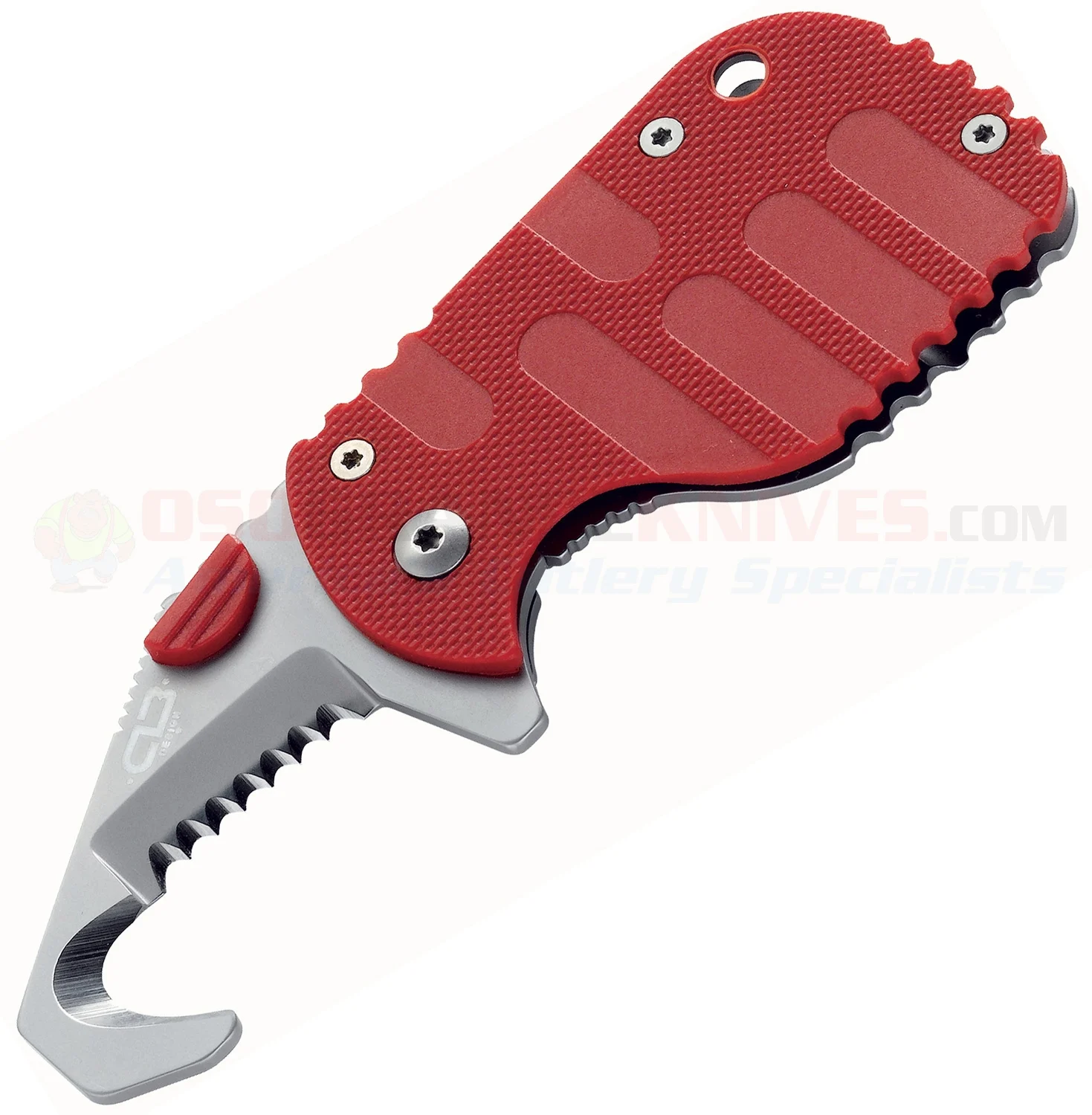 Boker Plus CLB Rescom Rescue Hook Folding Knife (1.88 Inch AUS8 Satin Serrated Seatbelt Cutter Blade) Red G10 Handle 01BO584