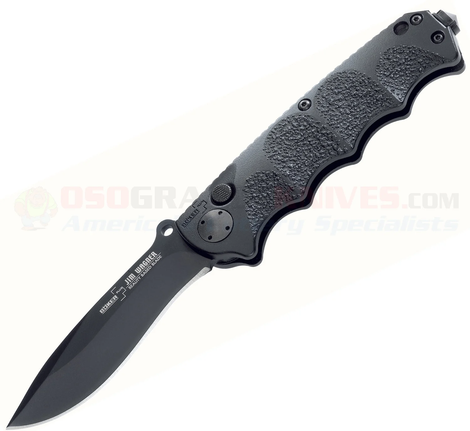 Boker Plus Jim Wagner Compact RBB Recurve Folding Knife (3.25 Inch AUS8Black Plain Blade) Black FRN Handle w/ Window Breaker 01BO055