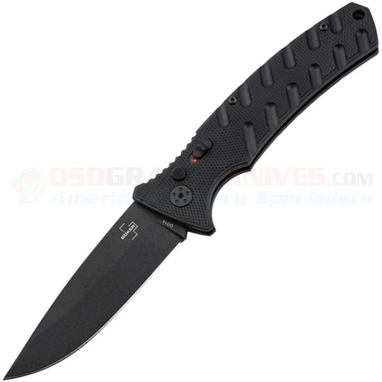 Boker Plus Large Strike Button Lock Knife (3.60 Inch Black D2 Tool Steel Plain Blade) Black Grivory Handle + Nylon Zippered Storage Case BOP06EX900