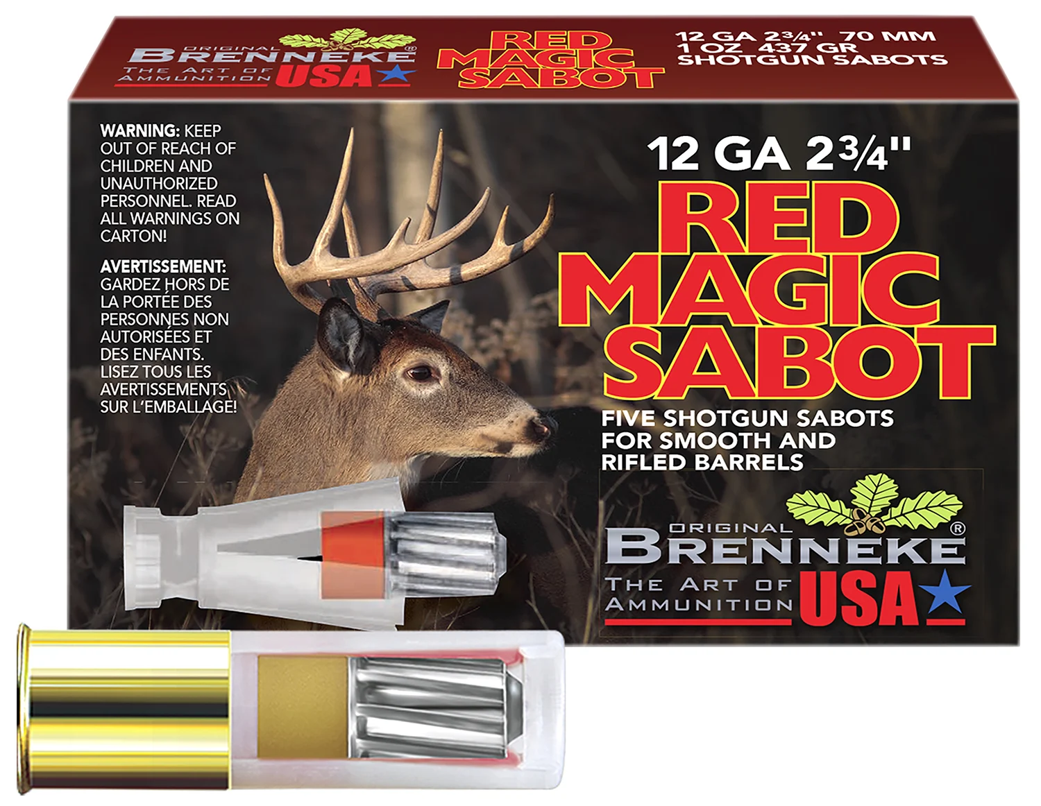 Brenneke SL122RMS Red Magic12Gauge 2.75″ 1oz Sabot Slug Shot 5 Per Box/50 Case