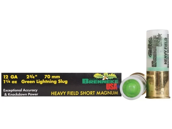 Brenneke USA Green Lightning Heavy Field Short Magnum Ammunition 12 Gauge 2-3/4″ 1-1/4 oz Lead Rifled Slug Box of 5