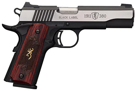 Browning 051912492 1911-380 Black Label Medallion Pro 380 ACP 8+1 4.25″ Target Crown Barrel, Blackened w/Silver Polished Flats Serrated SS Slide, Matte Black Polymer Framew/Beavertail