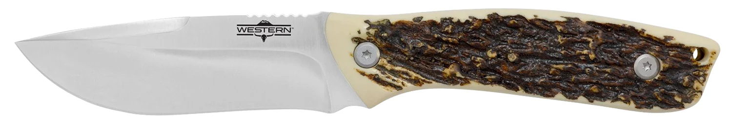 Camillus 19246 Western Crosstrail 4.25″ Fixed Drop Point Plain Silver 420 Steel Titanium Bonded Blade, Stag/Antler Delrin Handle, Includes Belt Loop/Sheath