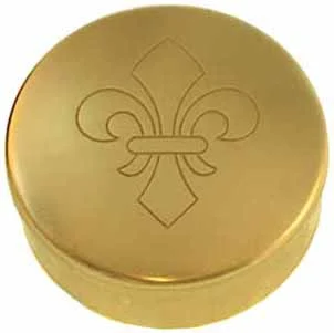 Cap Box, 1-3/4" diameter, embossed with "fleur-de-lis" engraving, polished brass, made in the U.S.A.