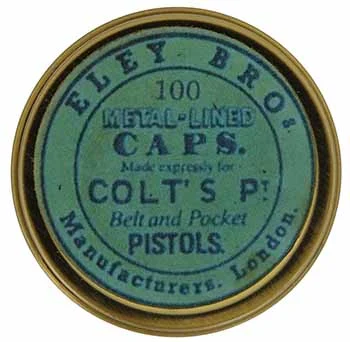 Cap box, 1-3/4" diameter, empty, with antique style label marked, Eley Bros. Manufacturers London, 100 Metal-lined Caps Made expressly for Colt's Pt. Belt and Pocket Pistols