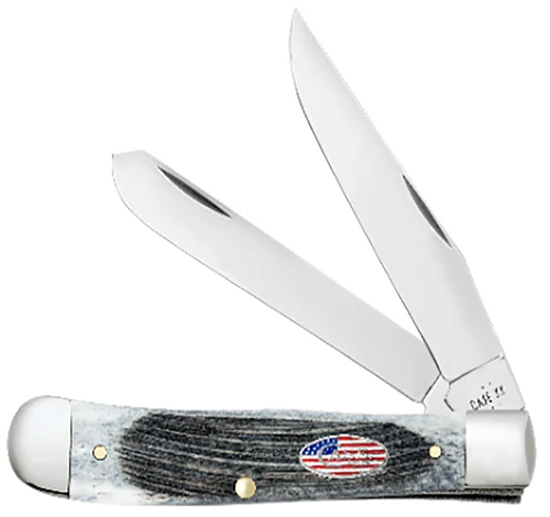 Case Canoe Stars & Stripes Folding Plain Edge 1.97 Pen/2.60" Spear Point, Mirror Polished Stainless Steel Blade, Jigged Gray Bone Handle, American Flag Shield