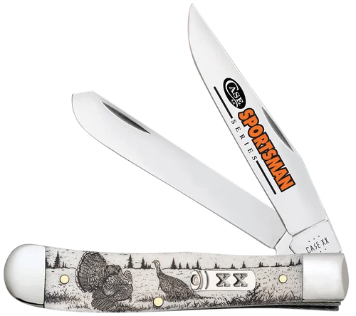 Case Trapper Sportsman Folding Clip Point/Spey Plain Mirror Polished Tru-Sharp SS Blade/Deer Embellished Natural Bone Handle