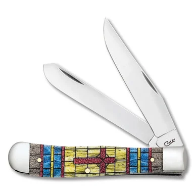 Case XX Stained Glass Cross Smooth Bone Trapper Pocket Knife CA38713