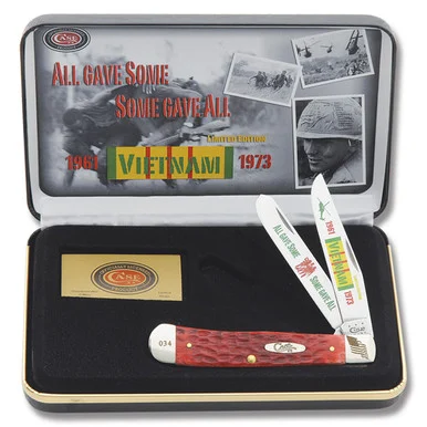 Case XX Vietnam Veteran Red Jigged Bone Trapper Folding Knife with Collector's Tin CATVIET