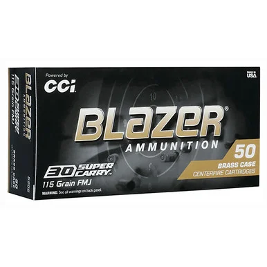 CCI Blazer Ammo 30 Super Carry Handgun Ammunition 50 Round Brass Centerfire 115 Grain Full Metal Jacket Flat Nose 5205