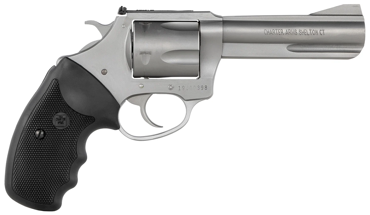 Charter Arms 79942 PitbullLarge 9mm Luger 5 Shot 4.20″ Matte Stainless Steel Barrel, Cylinder & Frame w/Black Finger Grooved Rubber Grip