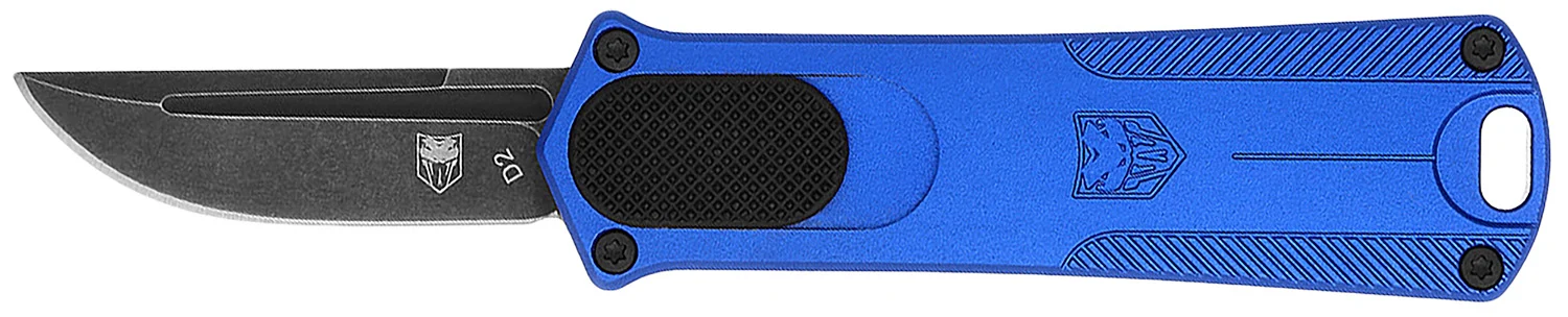 CobraTec Knives CALI952BLUDNS California 952 *CA Compliant 1.75″ OTF Drop Point Plain Black Stonewashed D2 Steel Blade, 3″ Blue Anodized Aluminum Handle