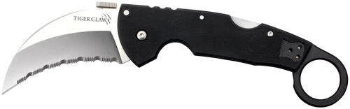 Cold Steel Tiger Claw 3.50" Folding Hawkbill Serrated Stonewashed American S35VN Blade/6" Matte Black Ring G10 Handle Includes Belt Clip