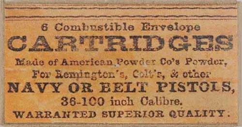 Combustible Paper Cartridge Ammunition,for .36 caliber percussion revolvers,period labeling, box of six
